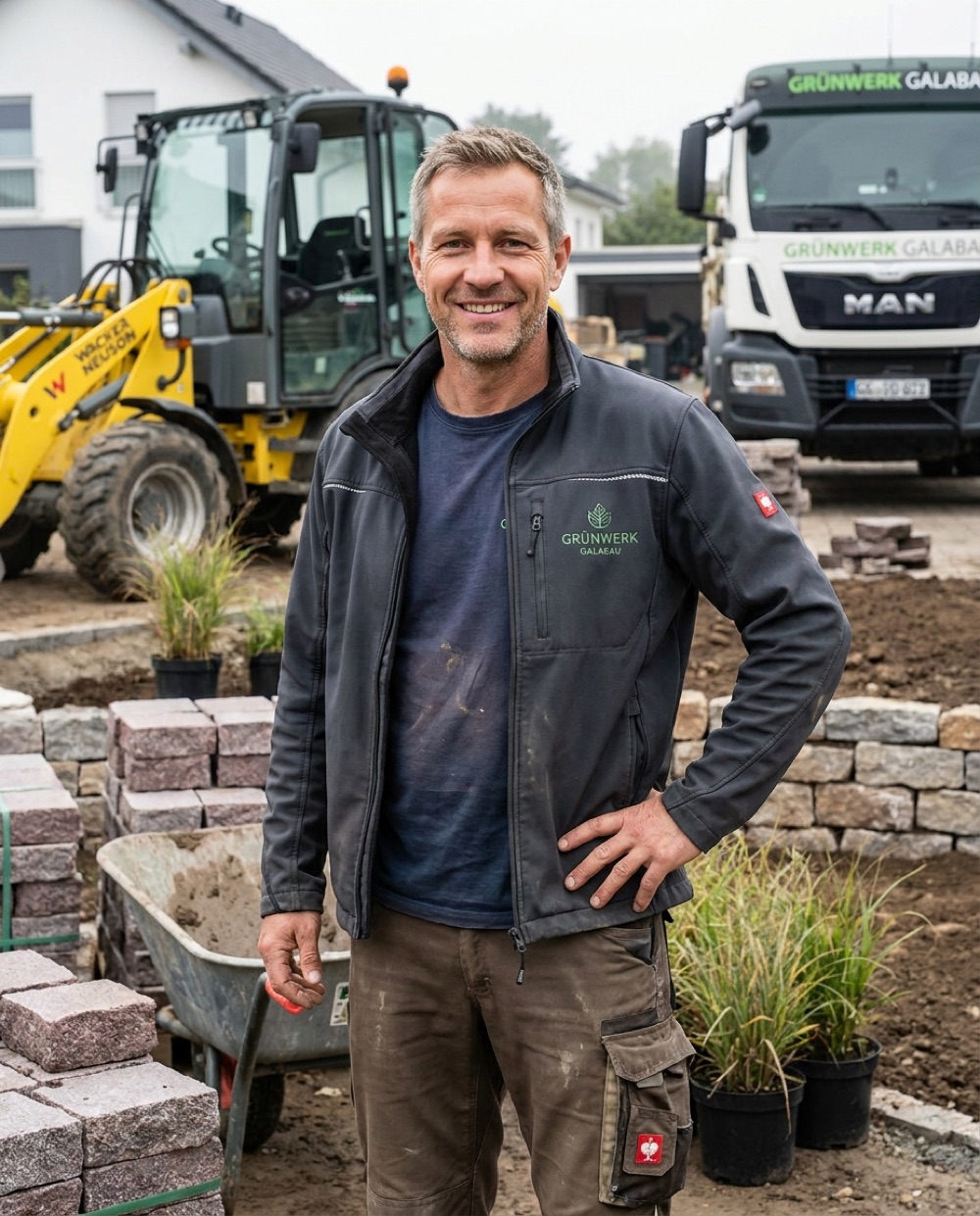 GaLaBau-Chef vor Radlader und Firmen-LKW auf der Baustelle